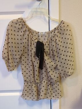 Polka Dot Peasant Blouse with Black Tie